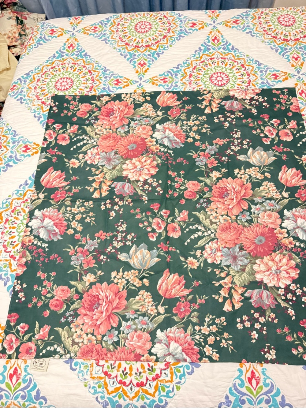 Croscill Floral Fabric Square Table cover Dark Green with Pink (Granada)